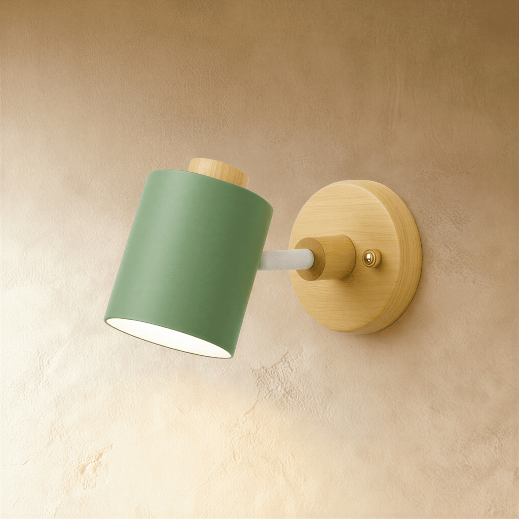 Clérachic wall lamp with a sage green cylindrical metal shade on a light wood round backplate, tilted on a limewash wall.