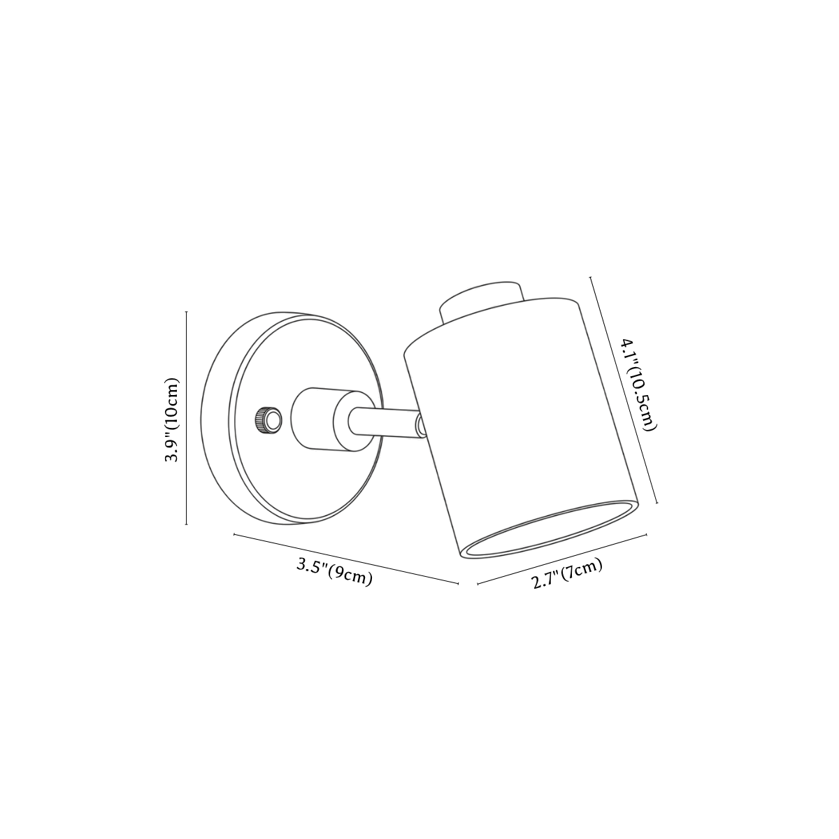 Clérachic wall light dimension drawing, every measurement marked in centimetres and inches.