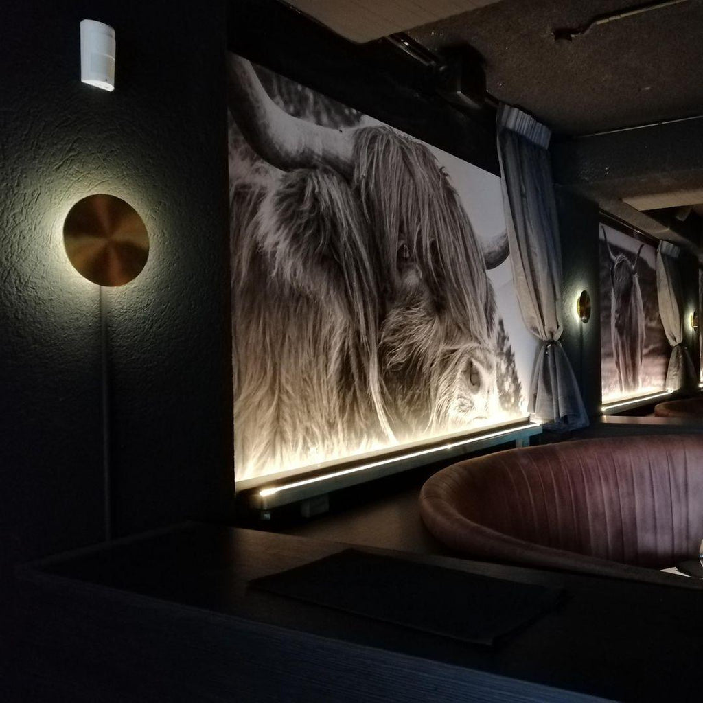 A brass Clérachic disk light glows on a dark wall beside a lit mural of a shaggy highland cow and a plum-coloured booth.