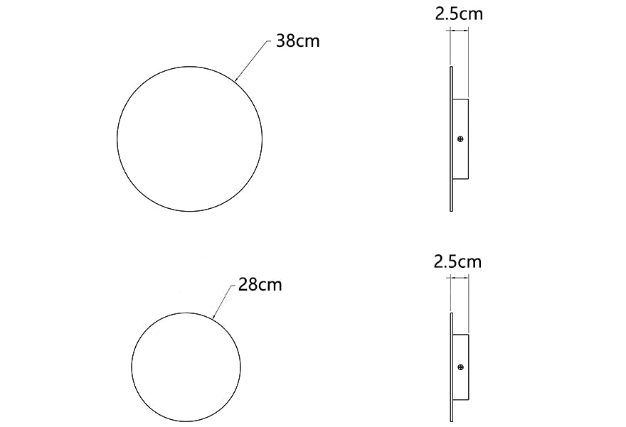 Clérachic wall light dimension drawing, every measurement marked in centimetres and inches.