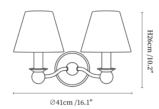 Clérachic wall light dimension drawing, every measurement marked in centimetres and inches.