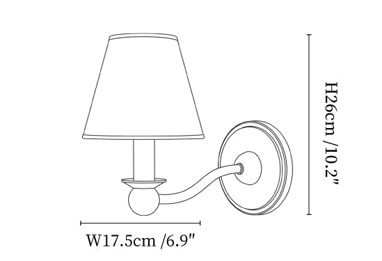 Clérachic wall light dimension drawing, every measurement marked in centimetres and inches.