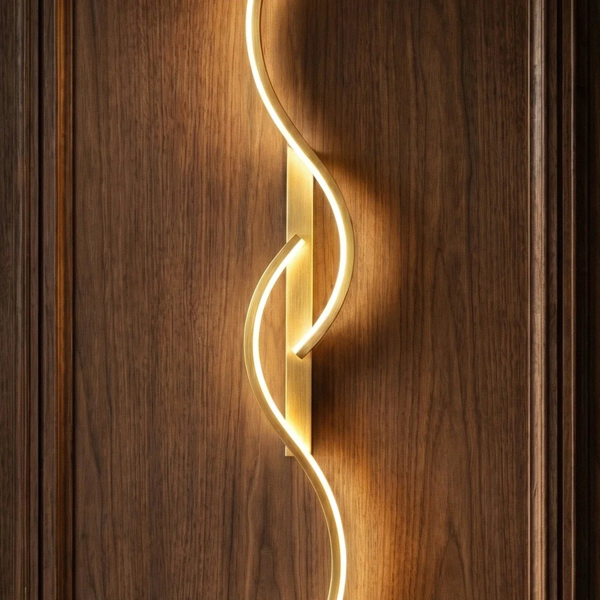 Close view of a Clérachic gold S-shaped wall light, showing the brushed gold backplate and glowing LED curve on walnut panelling.