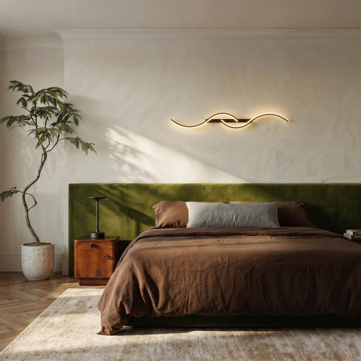 Clérachic black S-shaped wall light mounted horizontally above a green velvet headboard in a bedroom with a brown linen bed.