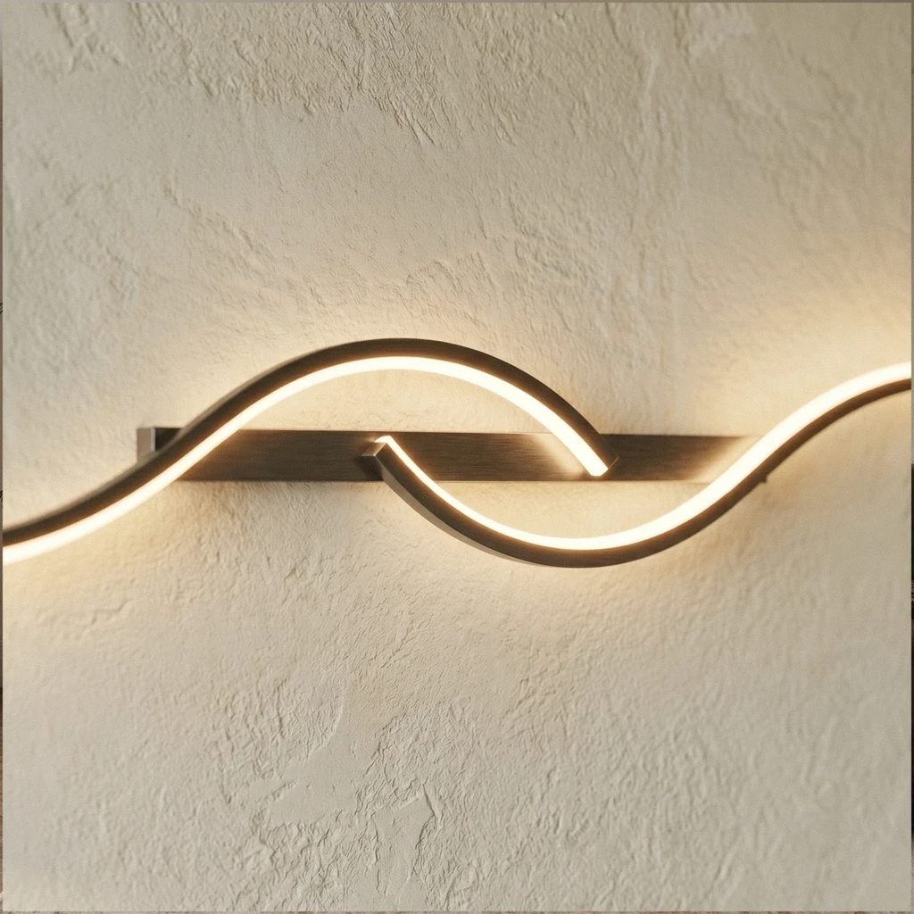 Close view of a Clérachic S-shaped wall light in dark brushed metal with a softly glowing LED curve on textured plaster.