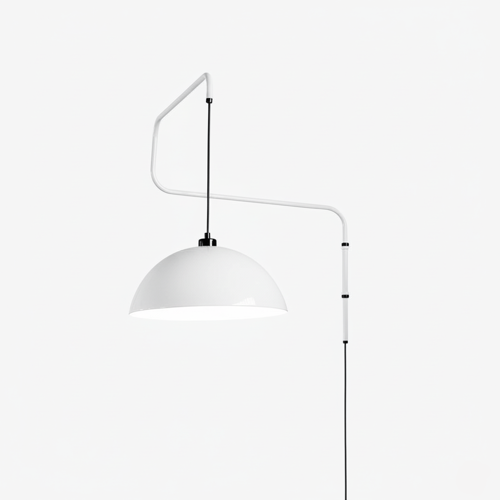 White swing-arm wall light with a domed white shade and a black cable, this Clérachic wall light on a plain white backdrop.