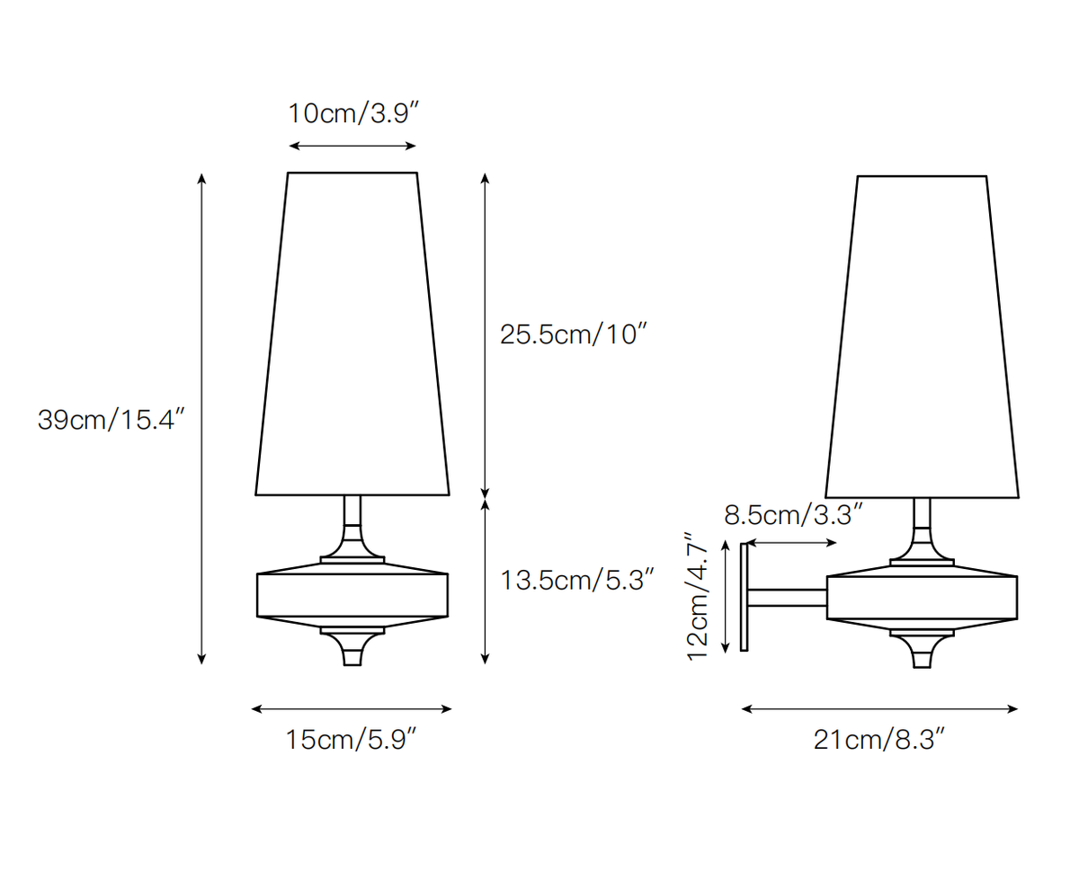 Dimension drawing of this Clérachic single-arm wall sconce, with its height, width and projection marked.