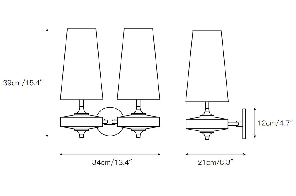 Dimension drawing of this Clérachic twin-arm wall sconce, with its height and overall width marked.