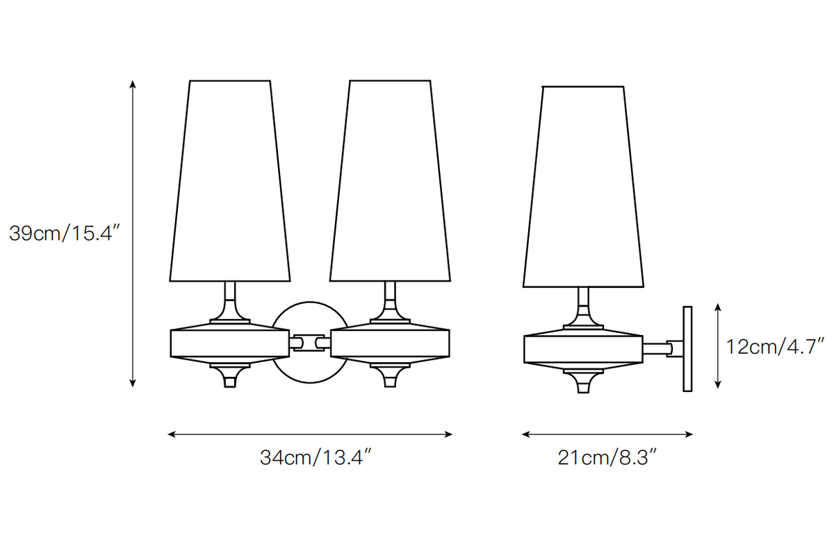 Dimension drawing of this Clérachic twin-arm wall sconce, with its height and overall width marked.