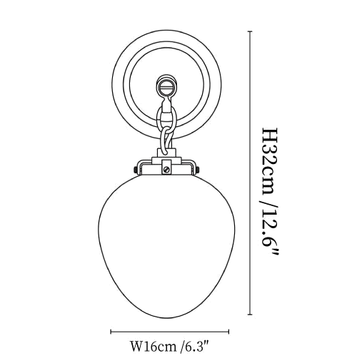 Clérachic wall light dimension drawing, every measurement marked in centimetres and inches.