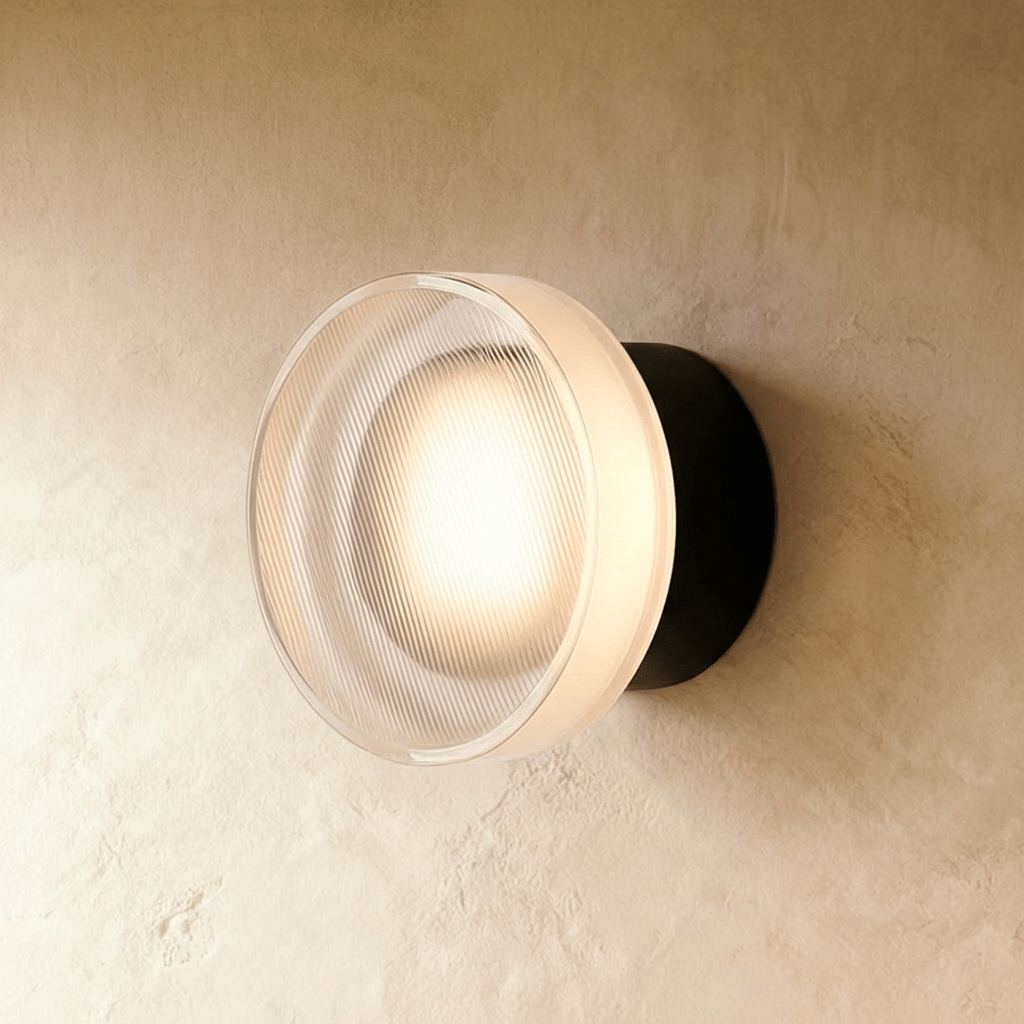 Clérachic round wall light with a ribbed clear glass shade glowing warm, on a matt black wall plate against limewash plaster.