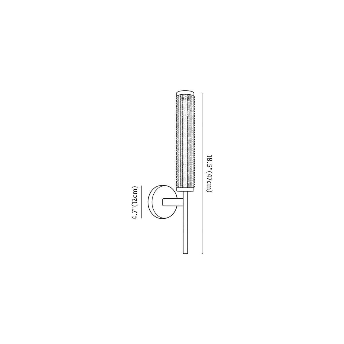Clérachic wall light dimension drawing, every measurement marked in centimetres and inches.