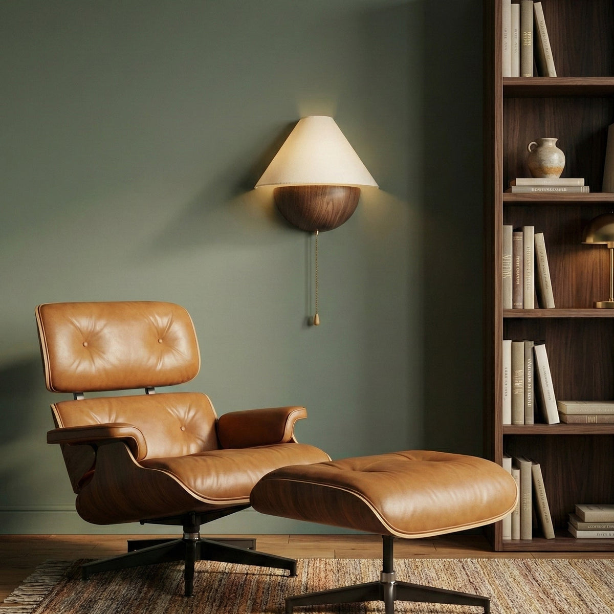 This Clérachic wall light hangs on a sage-green wall above a tan leather lounge chair and a tall wooden bookcase.