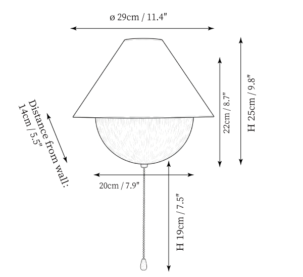 Clérachic wall light dimension drawing, every measurement marked in centimetres and inches.