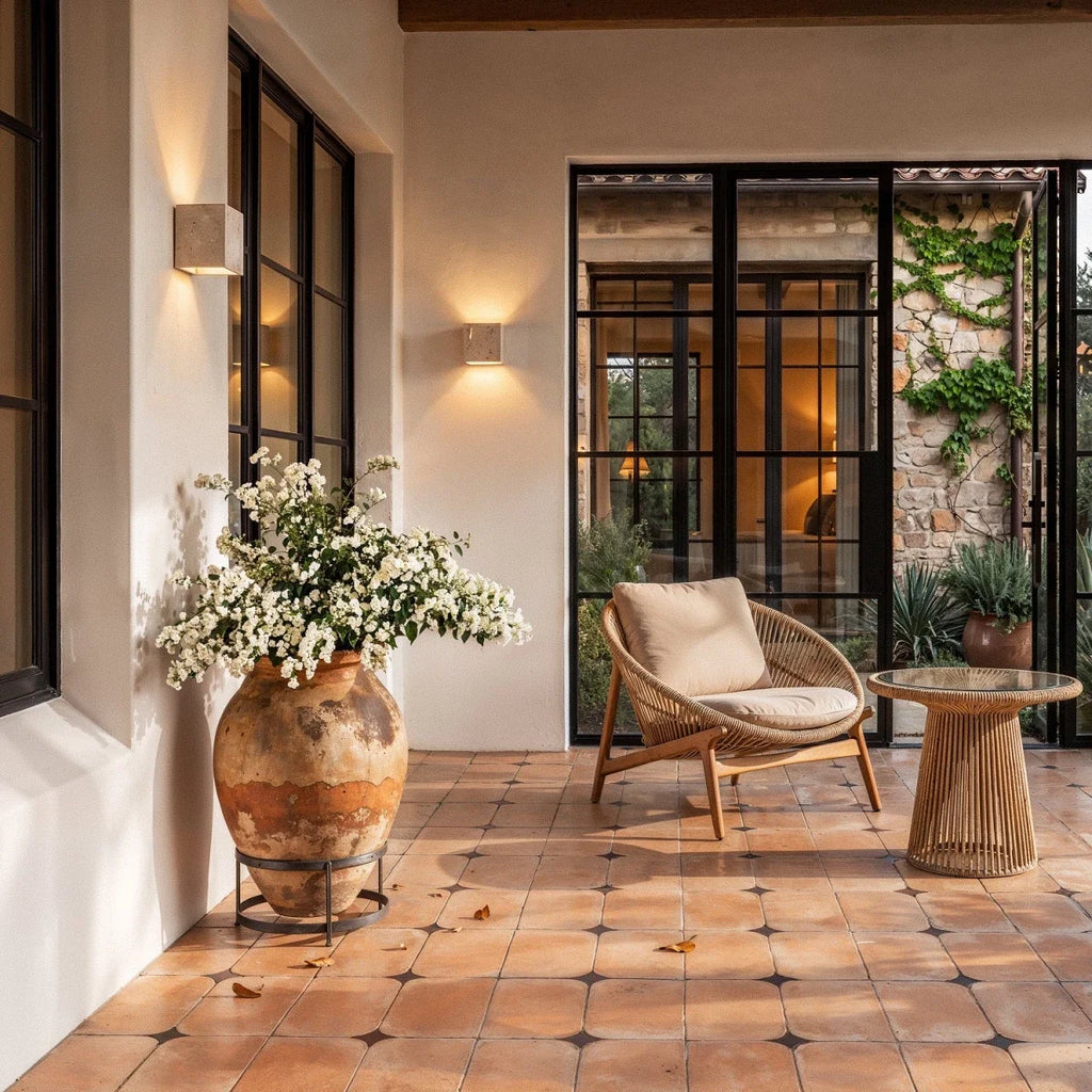 Clérachic two travertine cube wall lights lit warm on a white plaster terrace wall beside a rattan chair and terracotta tiles.