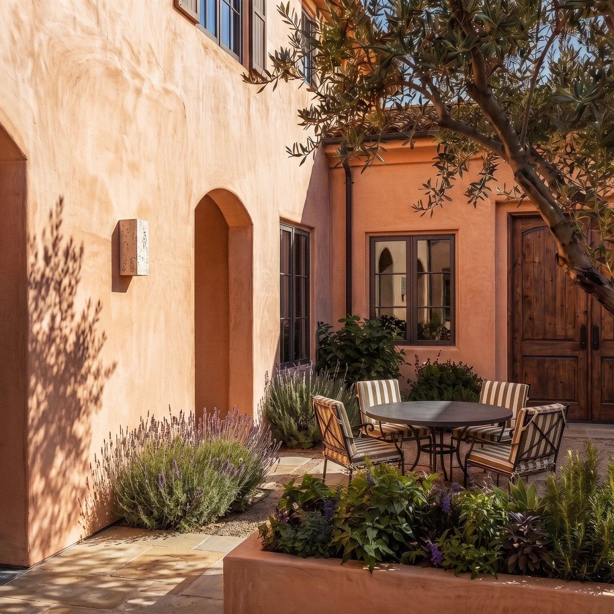 Clérachic unlit rectangular travertine wall light on a sunlit terracotta courtyard wall, its pale stone against the plaster.
