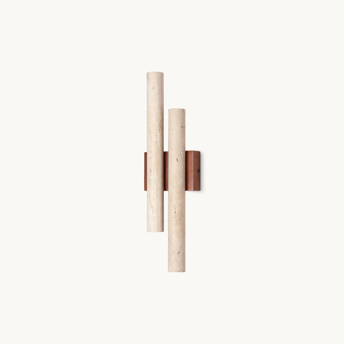 A Clérachic wall light with two travertine tubes of different heights mounted on a small walnut-wood backplate, on a plain white backdrop.