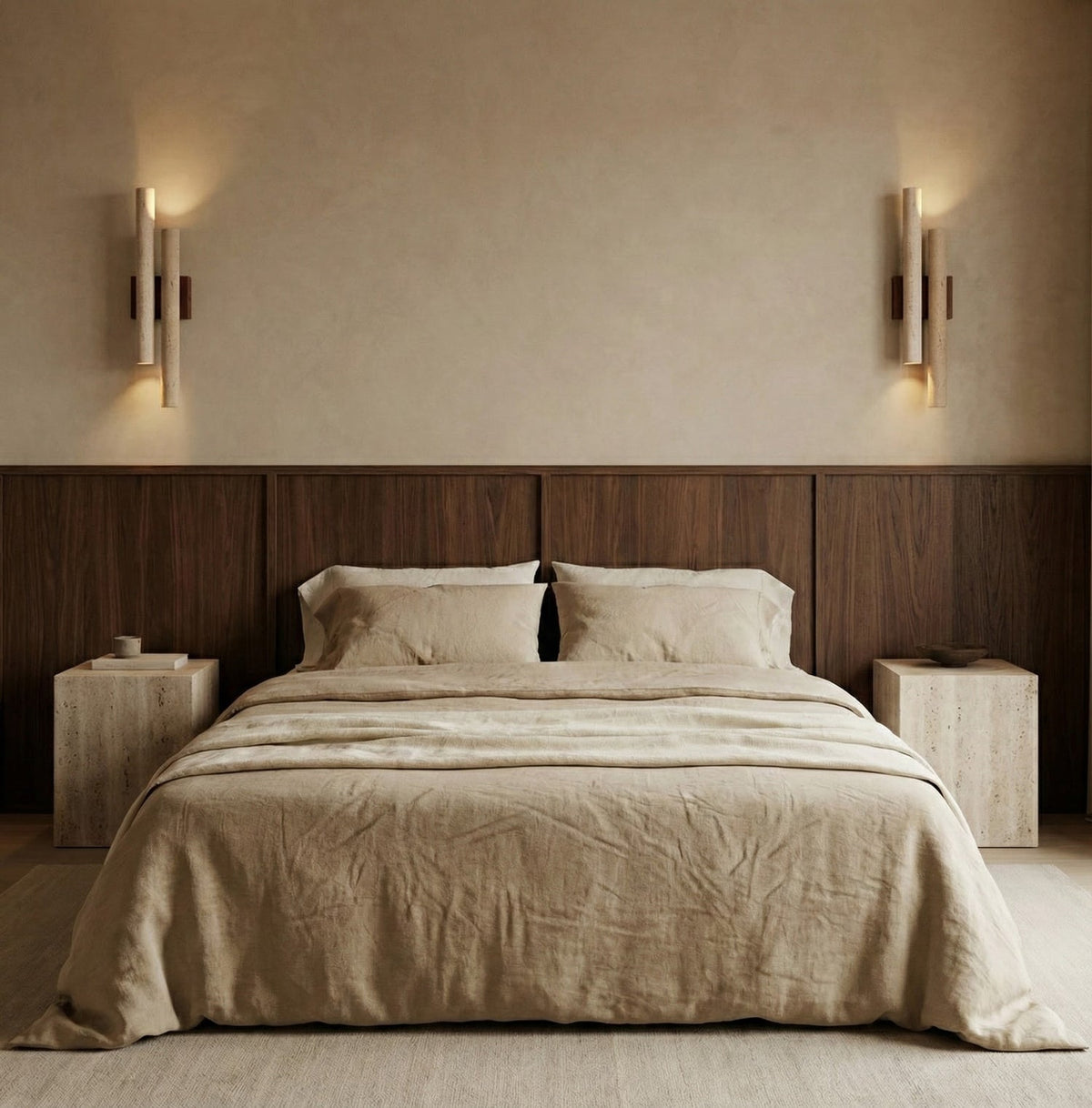 A pair of Clérachic travertine wall lights flank a bed with a dark wood headboard panel and stone bedside tables.
