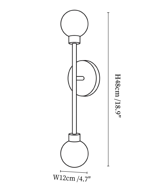 Clérachic wall light dimension drawing, every measurement marked in centimetres and inches.