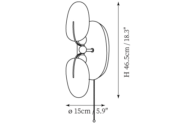Dimension drawing of this Clérachic wall light, with its 46.5 cm height and 15 cm width marked.