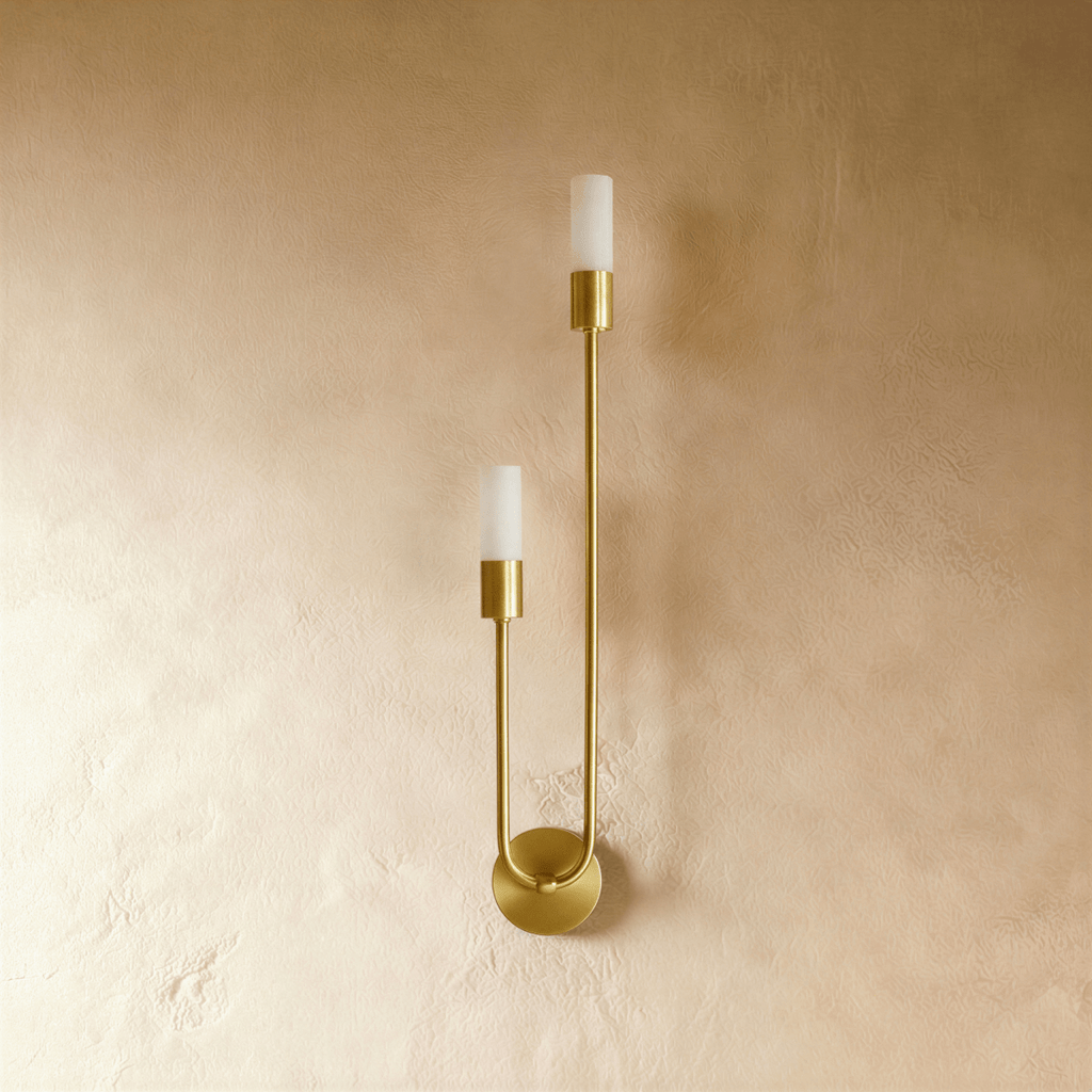 Clérachic brass wall light switched off, two frosted cylindrical diffusers on brass sockets above a round wall plate.