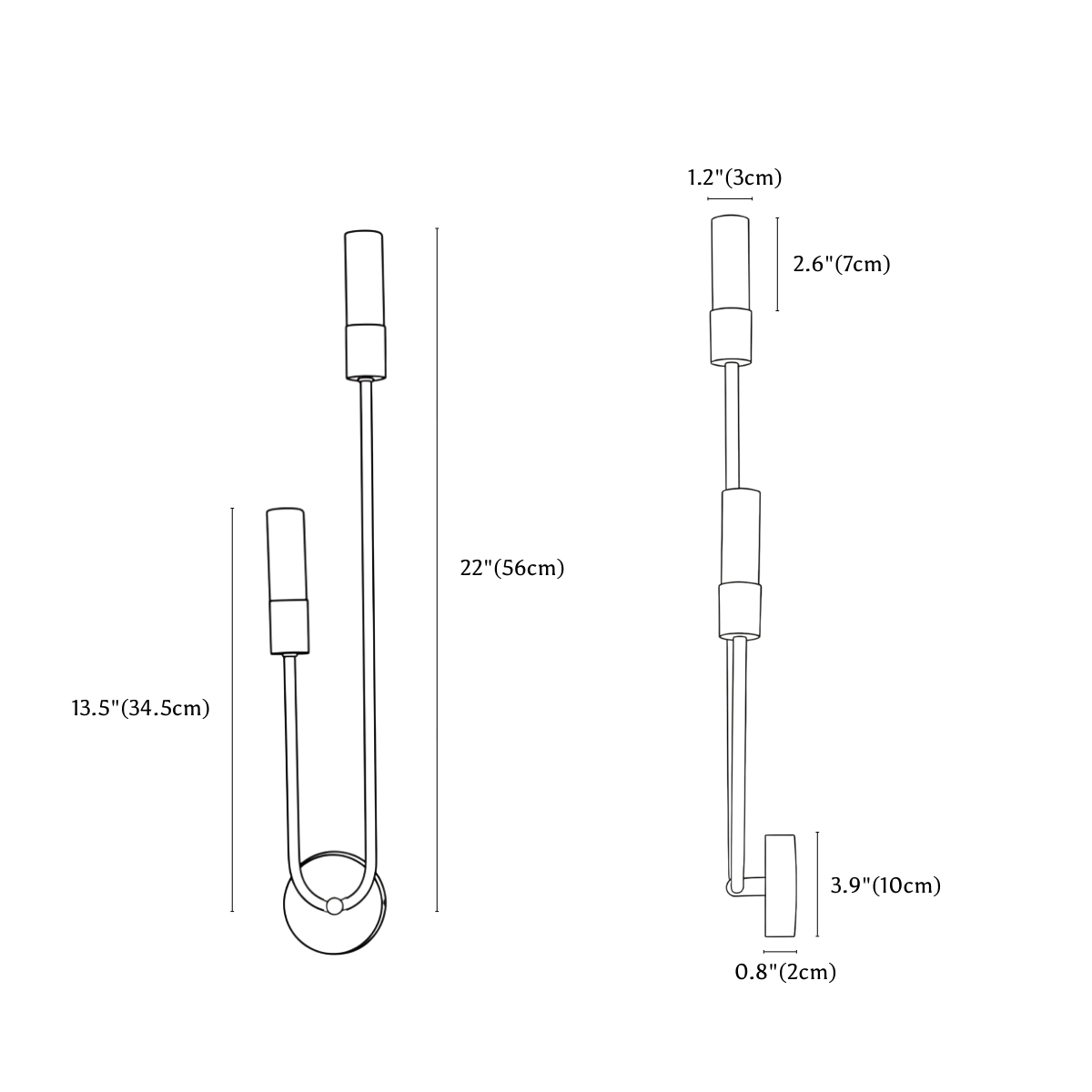 Clérachic wall light dimension drawing, every measurement marked in centimetres and inches.