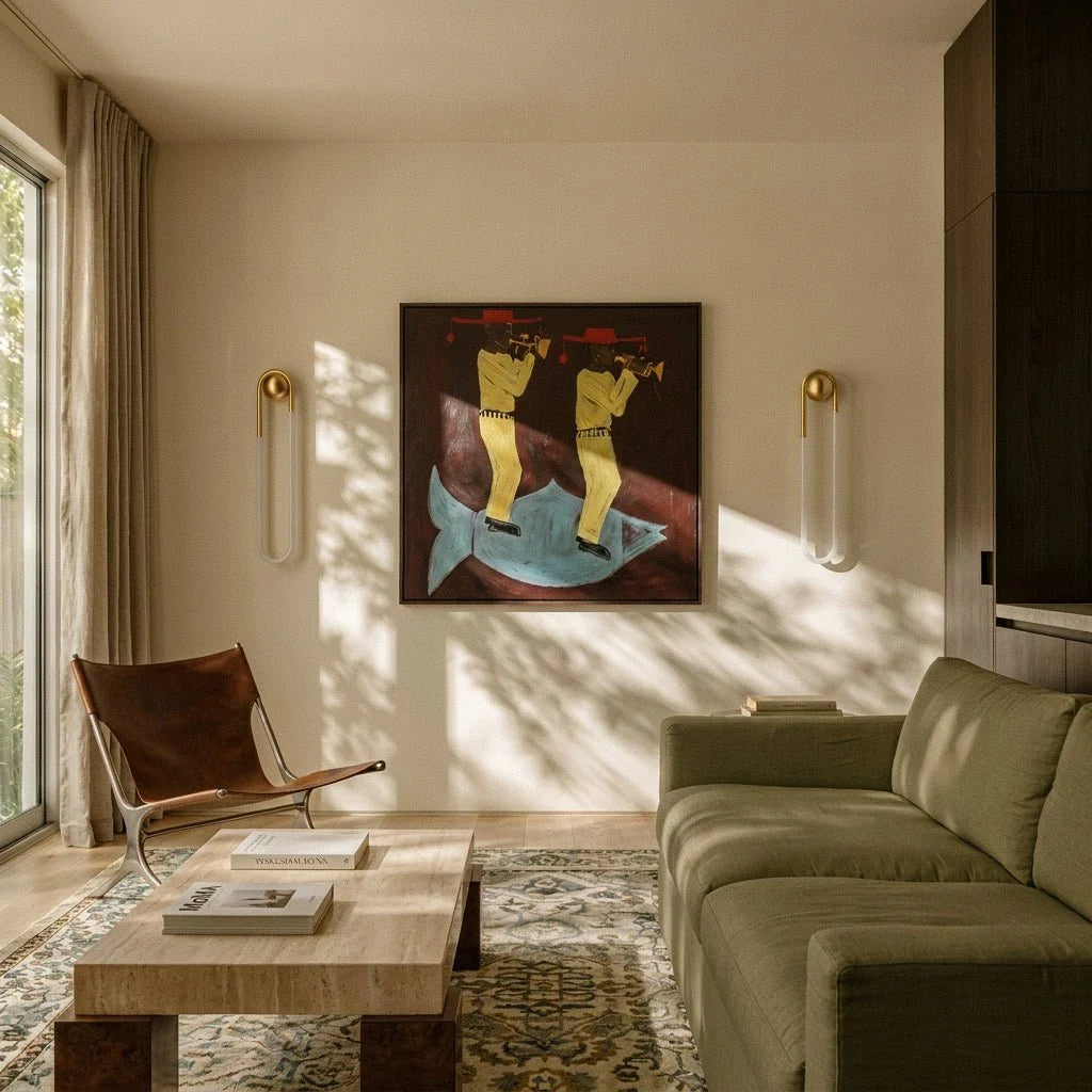 Pair of Clérachic brass U-shaped wall lights flanking a framed painting in a calm living room with a green sofa and leather chair.