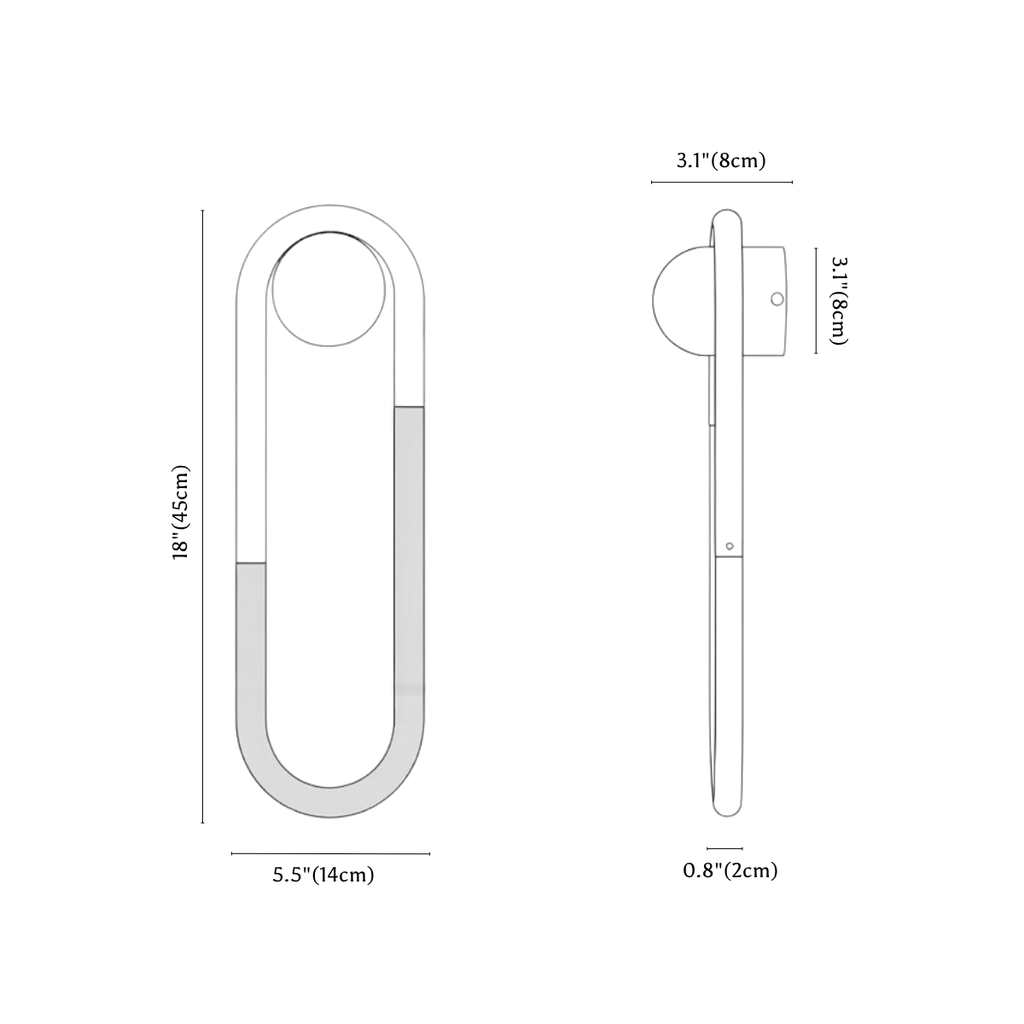 Clérachic wall light dimension drawing, 1 of 2, every measurement marked in centimetres and inches.