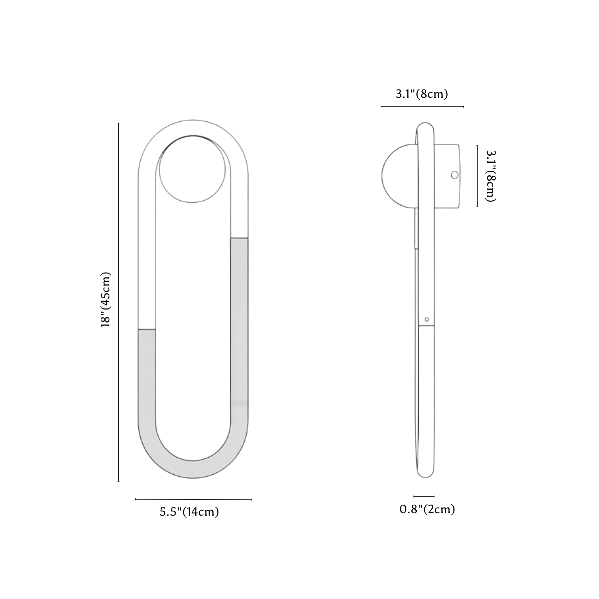 Clérachic wall light dimension drawing, 1 of 2, every measurement marked in centimetres and inches.
