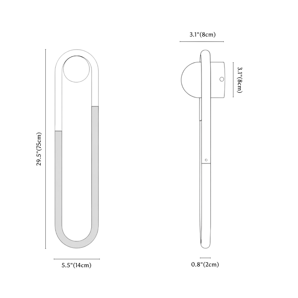 Clérachic wall light dimension drawing, 2 of 2, every measurement marked in centimetres and inches.