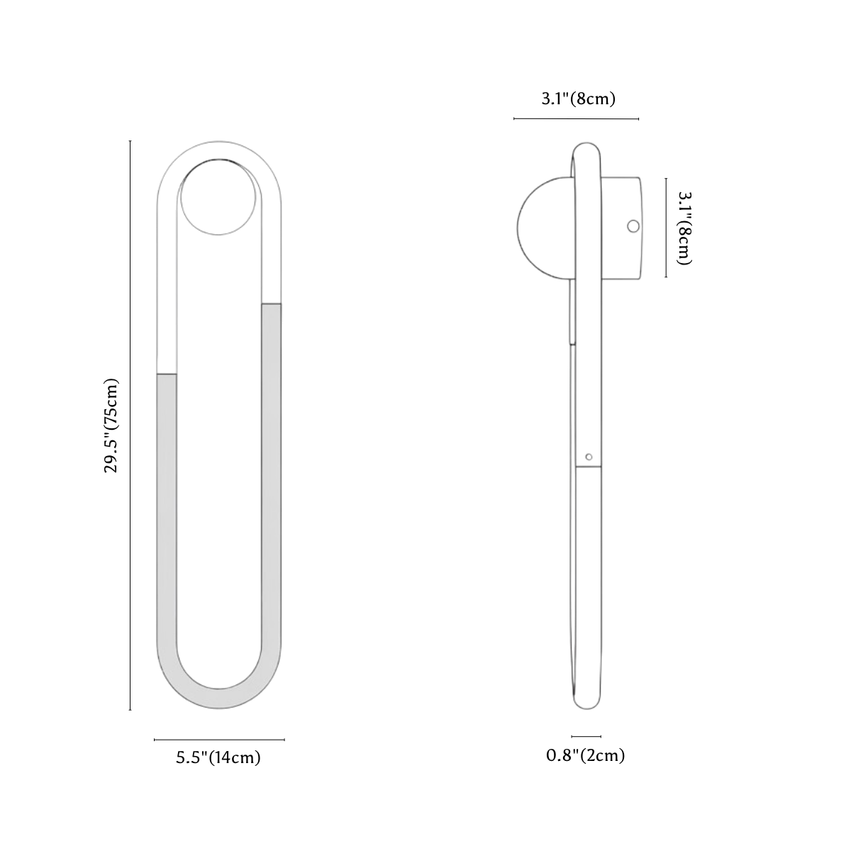 Clérachic wall light dimension drawing, 2 of 2, every measurement marked in centimetres and inches.