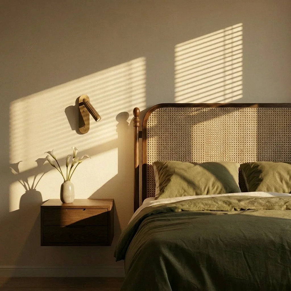Clérachic brass wall light mounted above a floating oak bedside shelf, beside a cane headboard and green linen