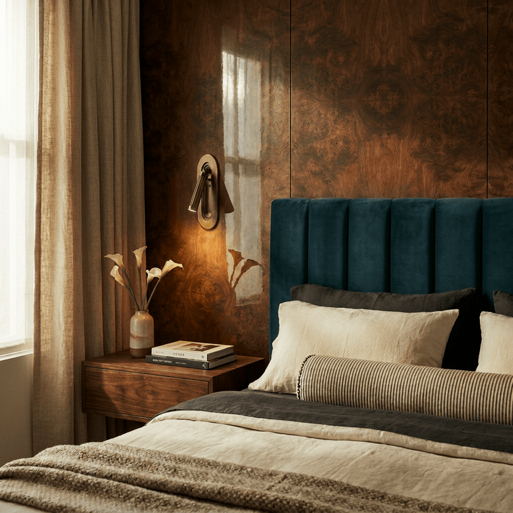 Clérachic brass wall light angled over a bedside table of flowers and books, on a glossy burr walnut wall