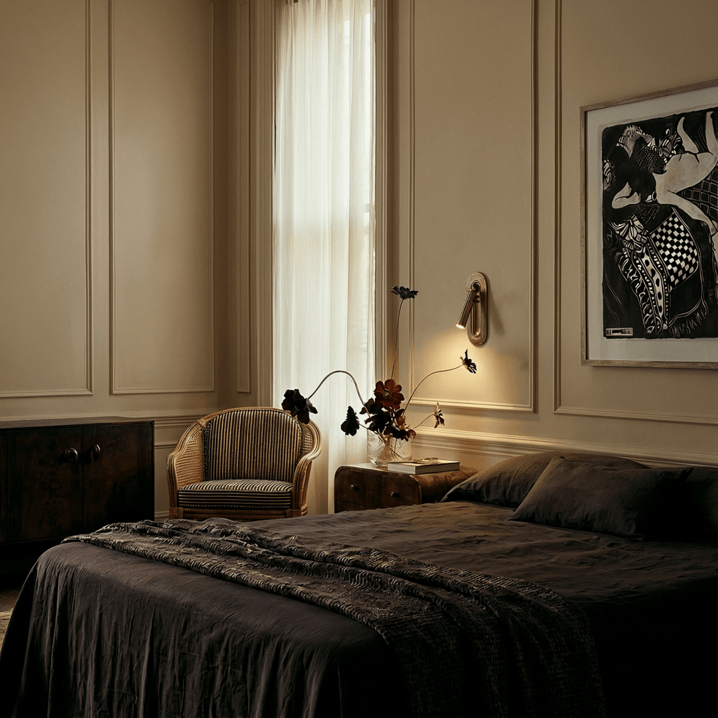 Clérachic embedded brass wall light beside a bed in a panelled room, with a framed print on the wall