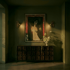 Pair of Clérachic embedded brass wall lights flanking a framed painting above a dark wooden sideboard