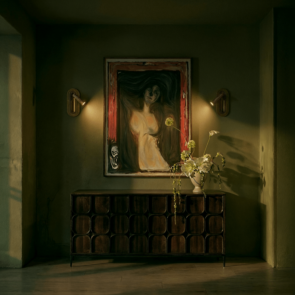 Pair of Clérachic embedded brass wall lights flanking a framed painting above a dark wooden sideboard