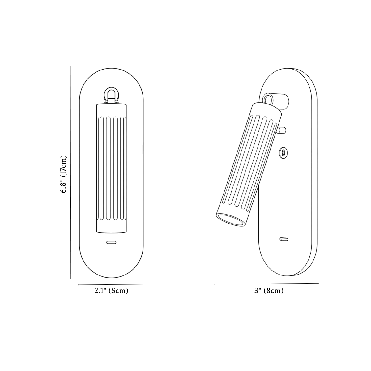 Clérachic wall light dimension drawing, Classic, every measurement marked in centimetres and inches.
