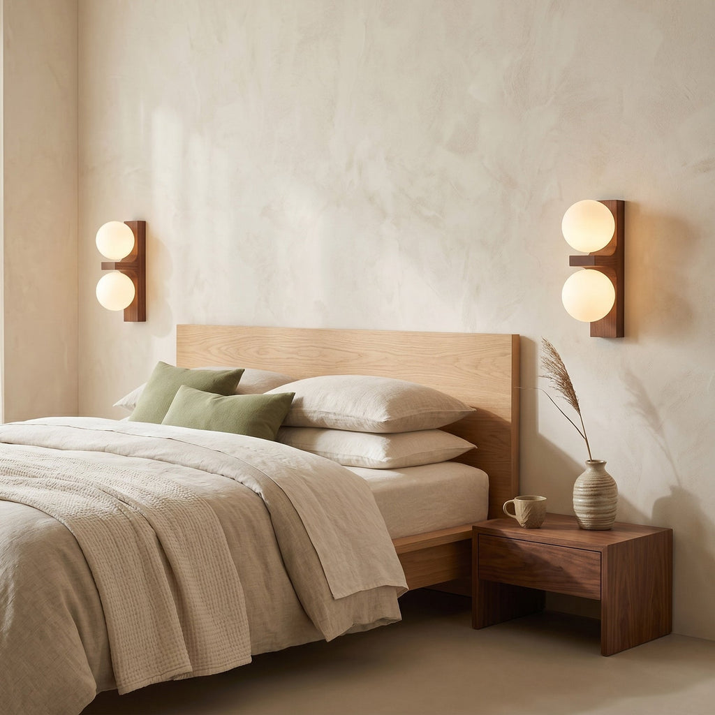 Two compact Clérachic wall lights with walnut-coloured wood backplates and twin glass globes flank a pale wooden bed in a calm bedroom.
