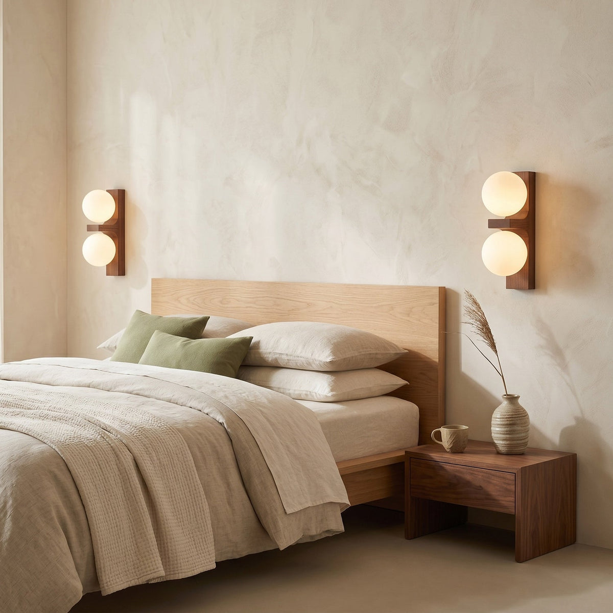 Two compact Clérachic wall lights with walnut-coloured wood backplates and twin glass globes flank a pale wooden bed in a calm bedroom.