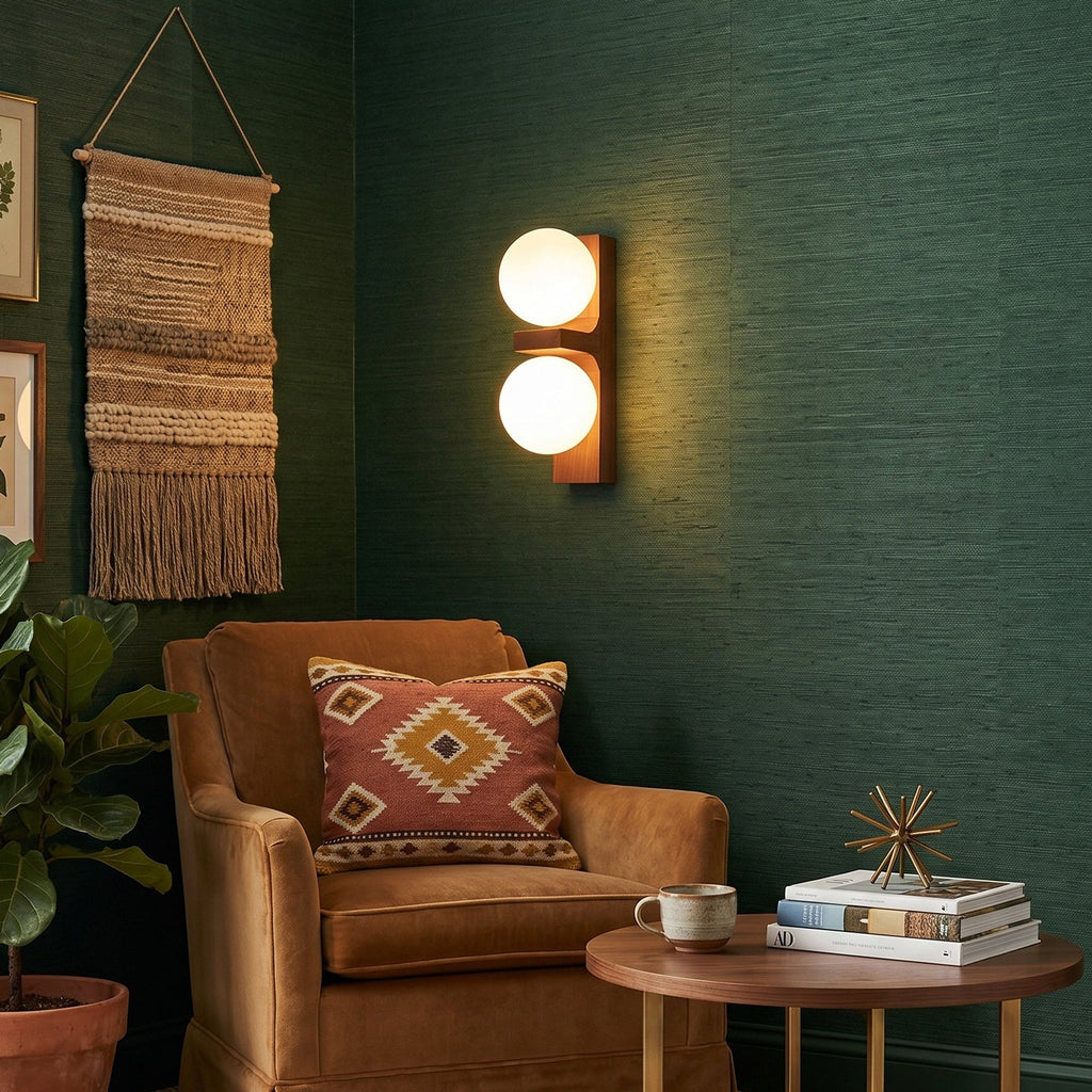 A lit Clérachic wall light with two glowing globes sits on a dark green wall above a tan armchair, a woven hanging and a small round table.