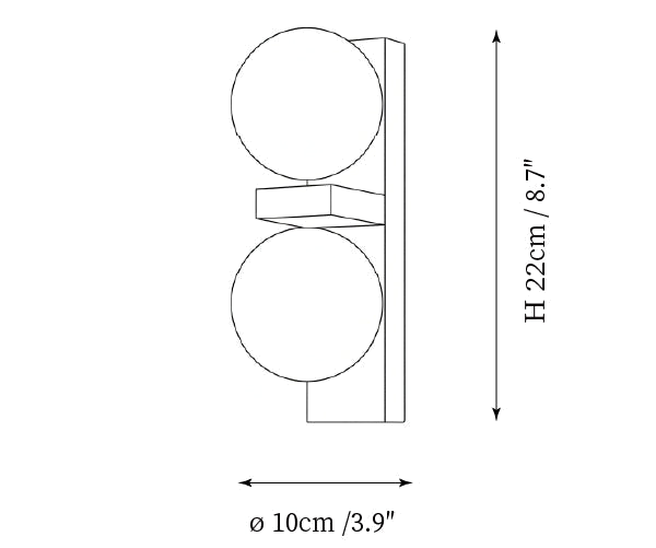 Clérachic wall light dimension drawing, 1 of 2, every measurement marked in centimetres and inches.