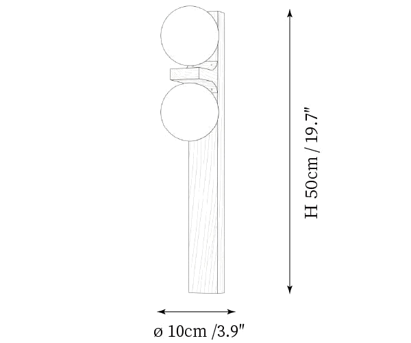 Clérachic wall light dimension drawing, 2 of 2, every measurement marked in centimetres and inches.