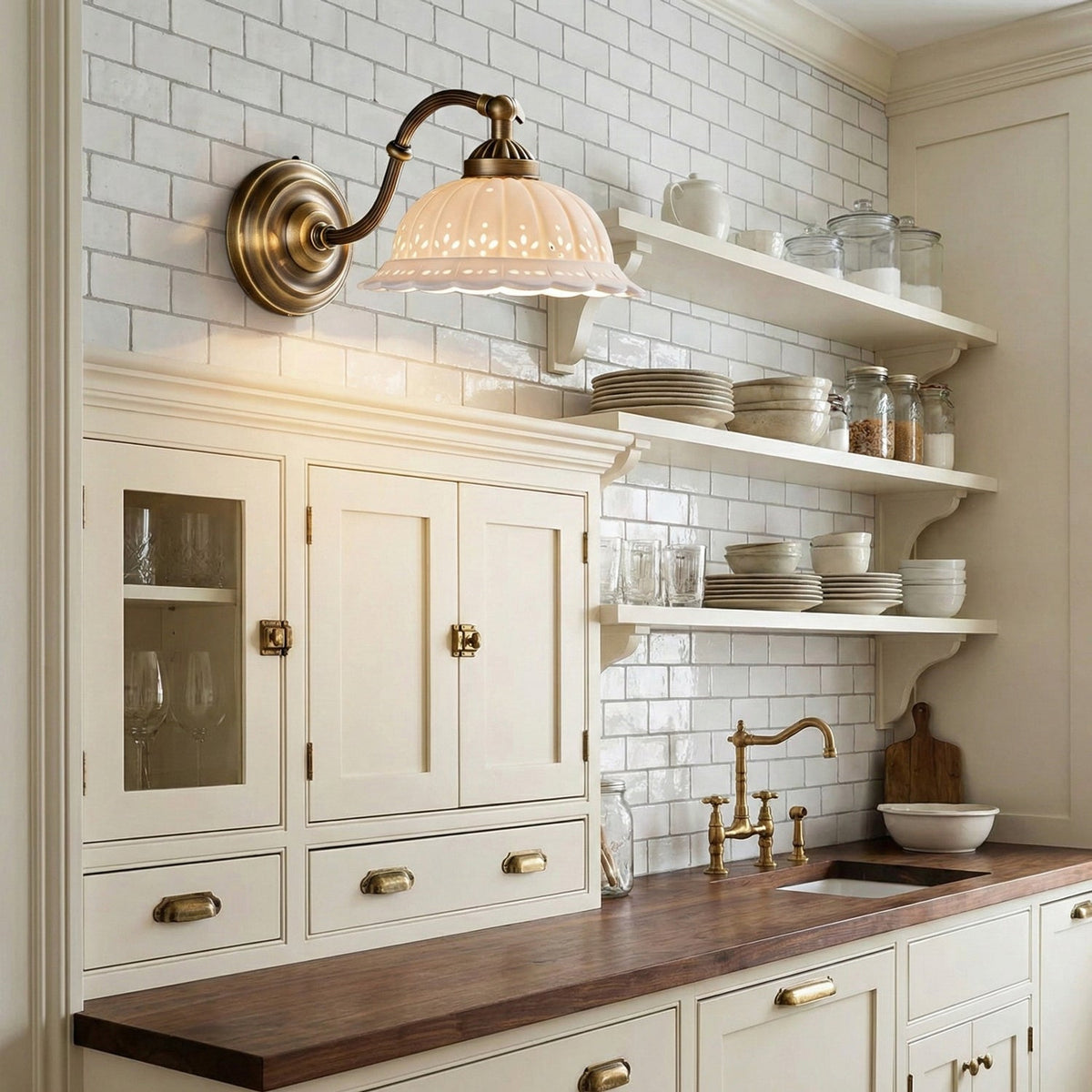 Over open shelves and a white tiled kitchen wall, a Clérachic wall light with a pierced white ceramic shade on an antique brass arm.