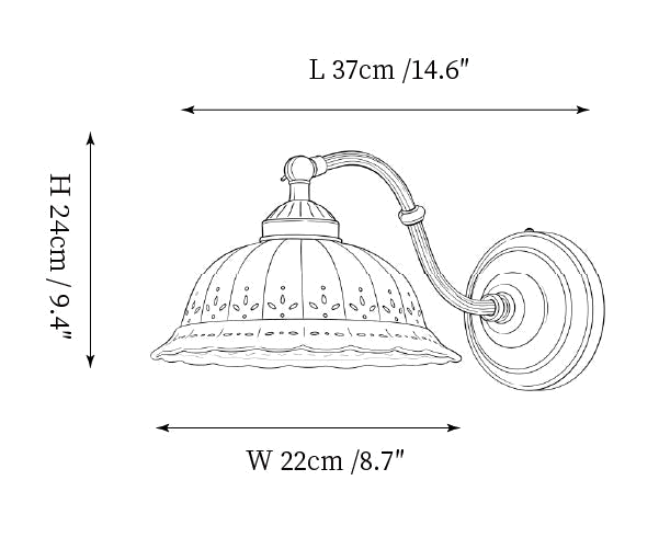Clérachic wall light dimension drawing, 1 of 3, every measurement marked in centimetres and inches.