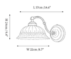Clérachic wall light dimension drawing, 1 of 3, every measurement marked in centimetres and inches.