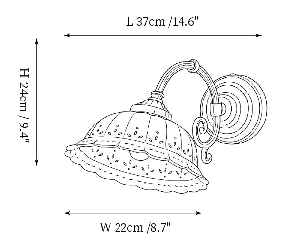 Clérachic wall light dimension drawing, 2 of 3, every measurement marked in centimetres and inches.