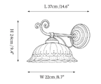 Clérachic wall light dimension drawing, 3 of 3, every measurement marked in centimetres and inches.