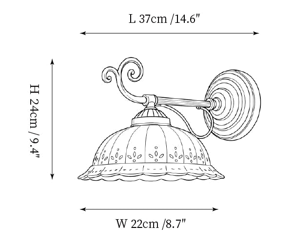 Clérachic wall light dimension drawing, 3 of 3, every measurement marked in centimetres and inches.