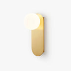 Brass wall light with a white glass globe on a tall rounded-end flat plate, from Clérachic, on a plain white backdrop.