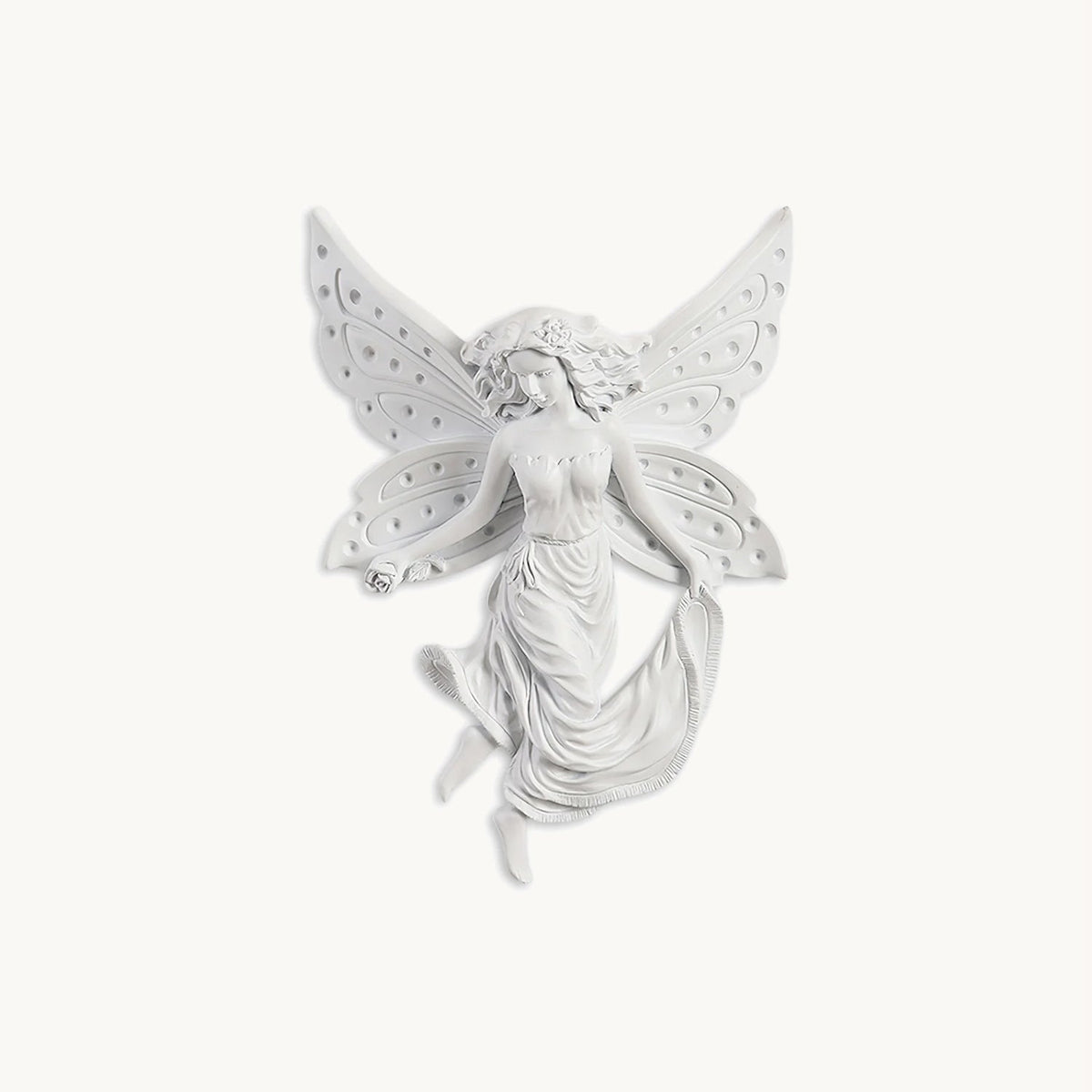 This Clérachic white resin wall light in its butterfly-winged fairy shape, shown unlit on a plain white backdrop.